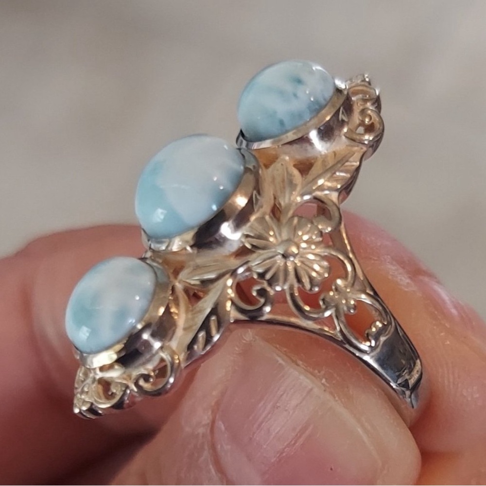 Beautiful, Elegant Three-Stone Larimar Ring Set in Sterling Silver (New)